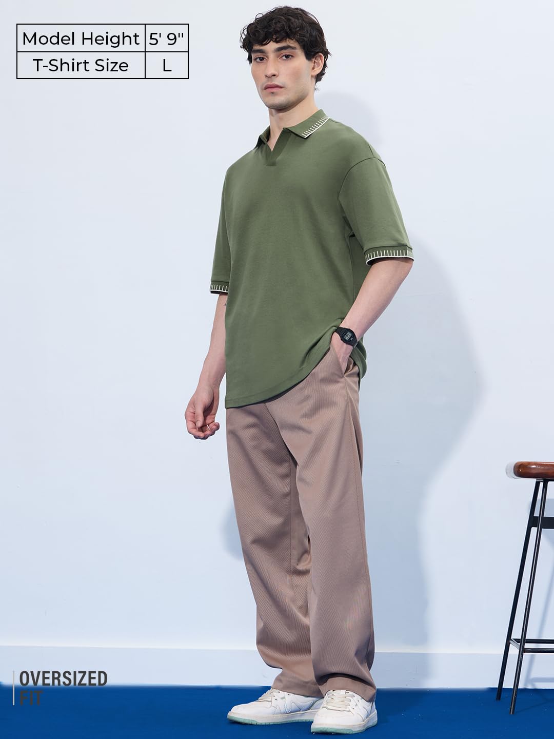 The Souled Store Oversized Polo: Olivine Men and Boys Short Sleeves Collared Neck Neck Olive Solid Cotton Oversized Polos