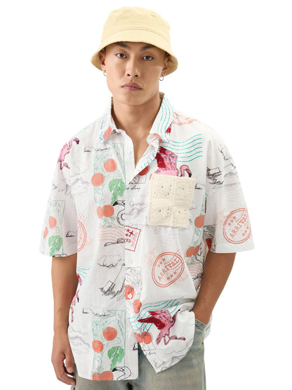 The Souled Store Travel Away Men and Boys Short Sleeve Collared Neck Button Front White Printed Cotton Oversized Shirts