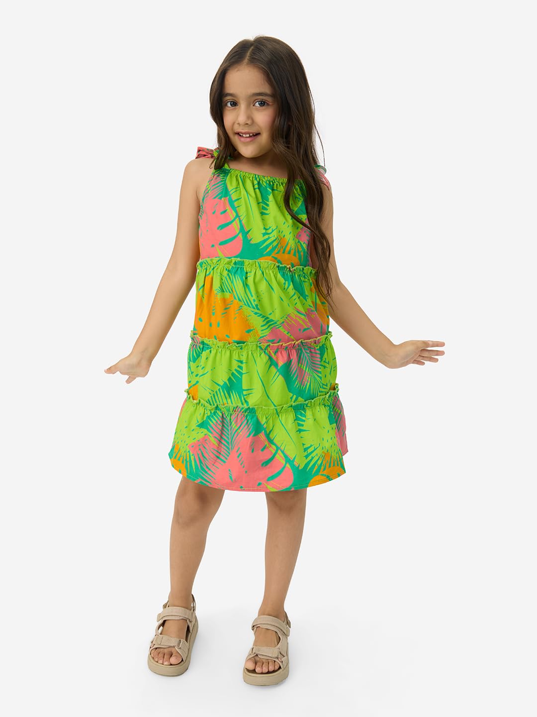 The Souled Store Hawaiian Leaves Girls Square Neck Sleeveless All Over Printed Cotton Dresses Multicolour