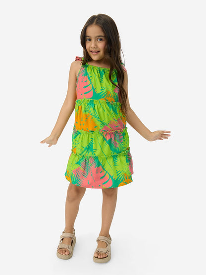 The Souled Store Hawaiian Leaves Girls Square Neck Sleeveless All Over Printed Cotton Dresses Multicolour