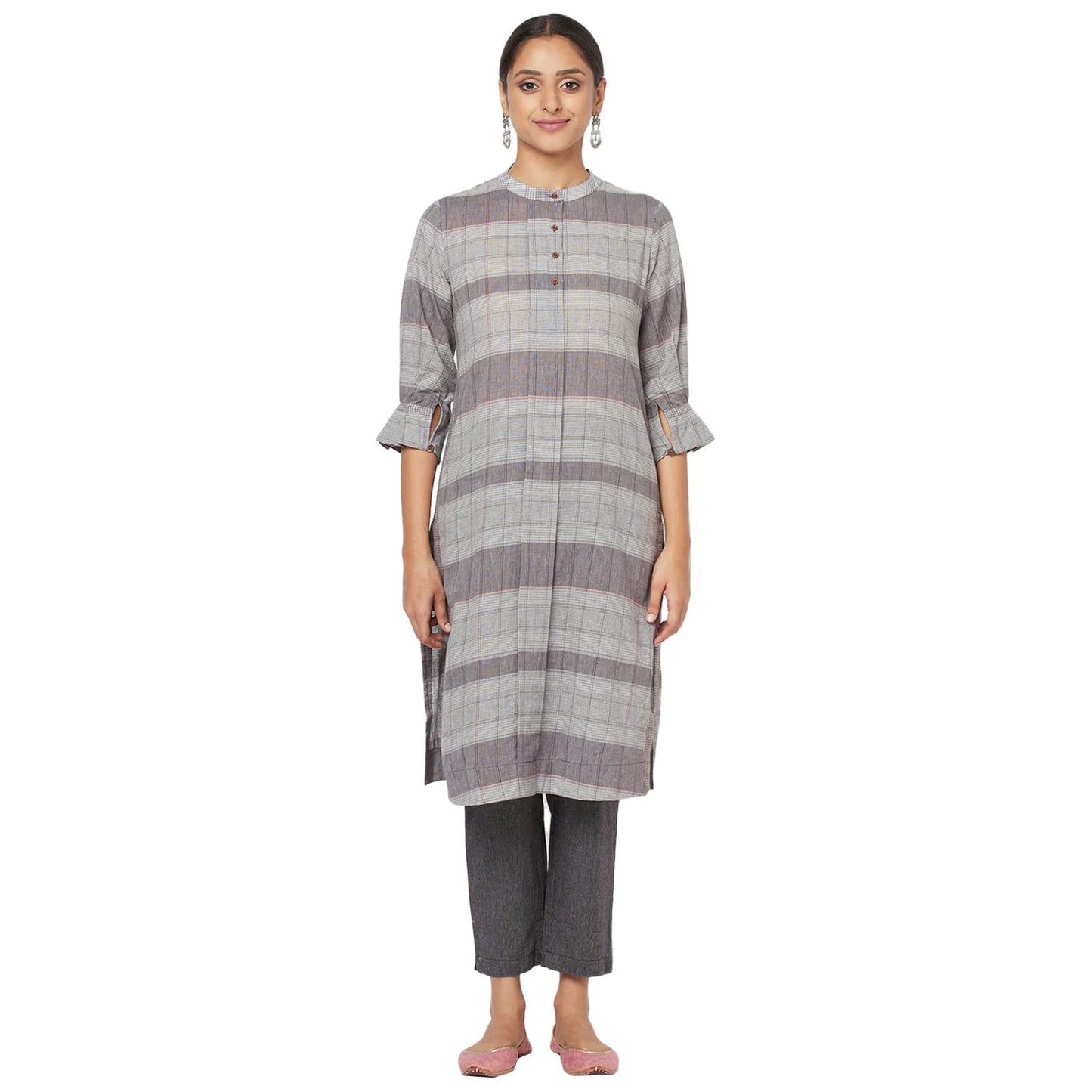 Fabindia Cotton Checks 2 Piece Kurta Set (Light Grey-S-10700865)