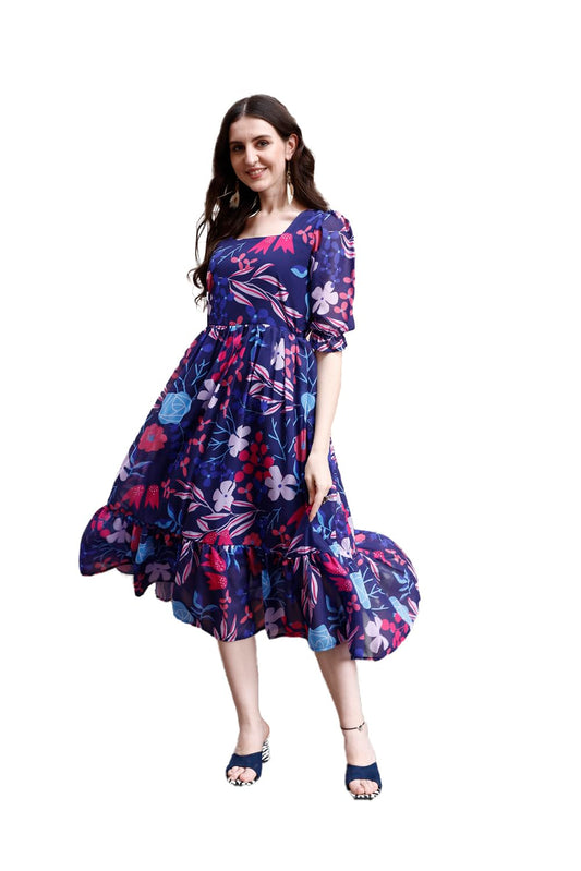 SMOWKLY Womens Georgette Floral Printed Indo-Western Ethnic Gown || Half Sleeve V Neck Fit & Flare Flared Hem Design || Casual