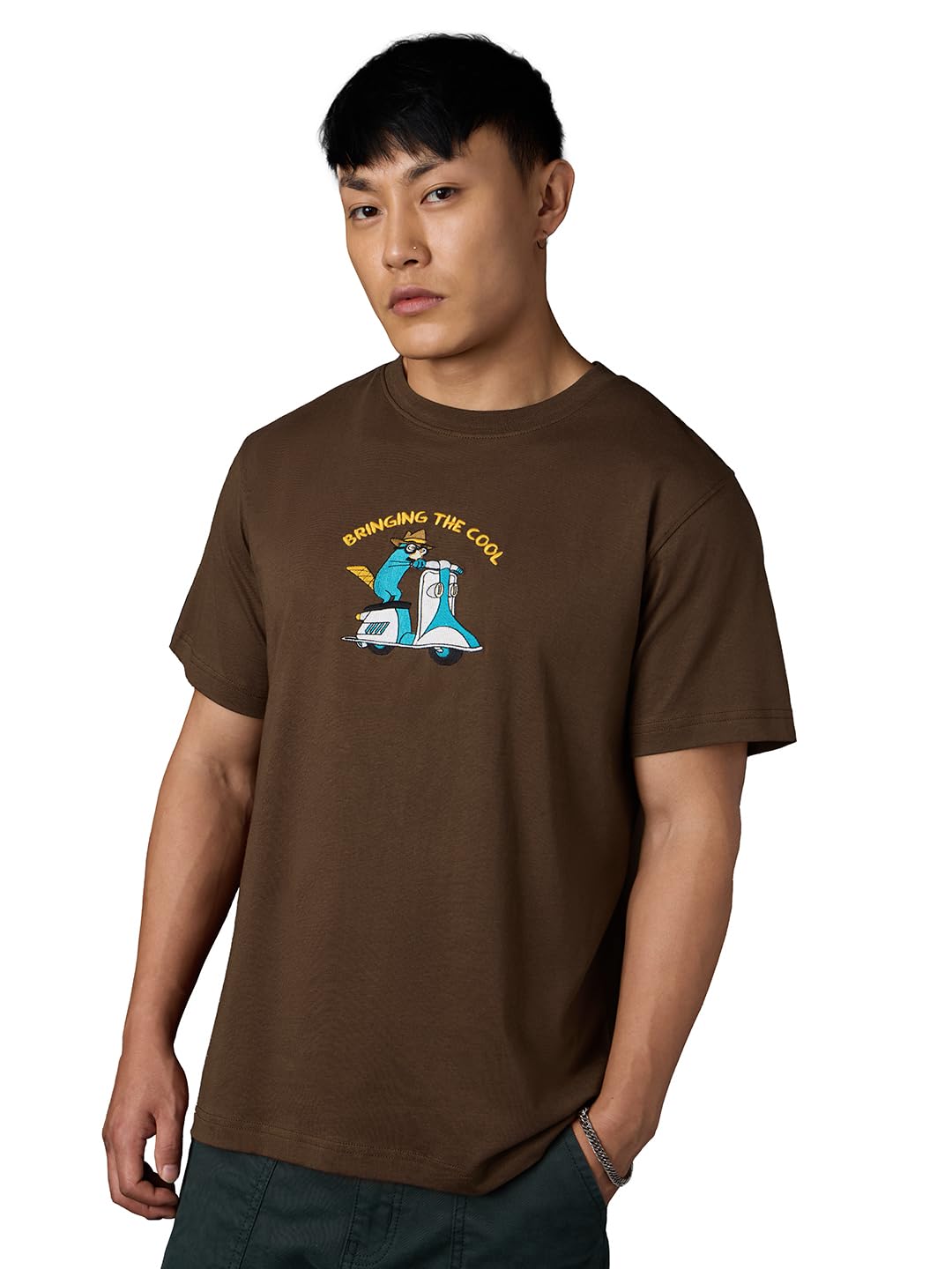 The Souled Store Phineas & Ferb: Bringing The Cool Men and Boys Short Sleeves Round Neck Brown Embroidered Cotton Relaxed Fit T-