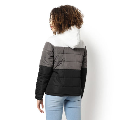 Campus Sutra Women Grey & Black Colour-Blocked Puffer Regular Fit Bomber Jacket For Winter Wear | Standing Collar | Full Sleeve