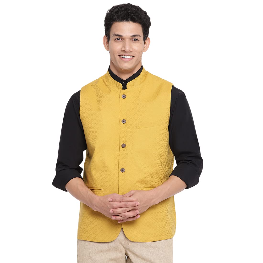Fabindia Men's Yellow Cotton Dobby Slim Fit Vest (102610503