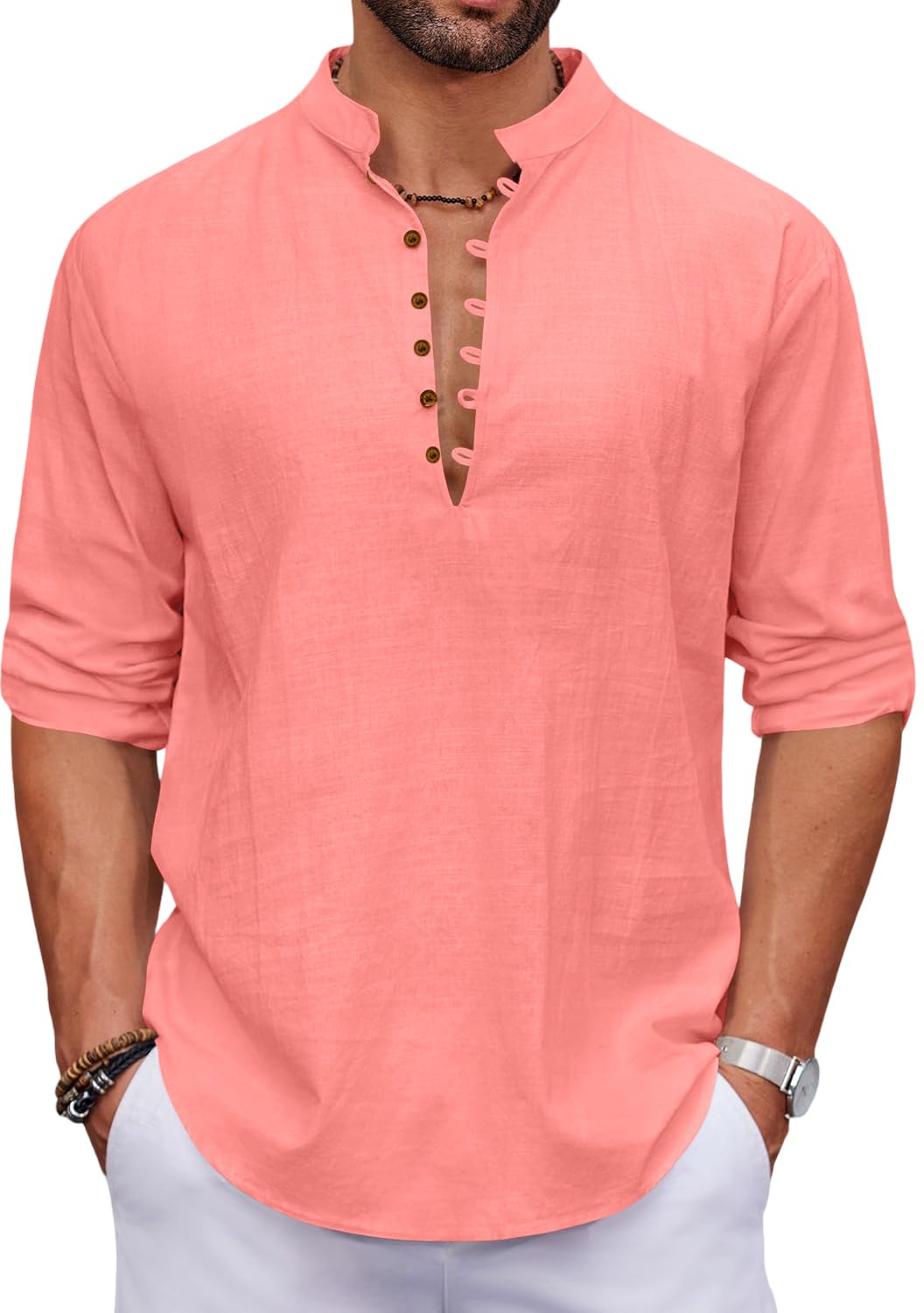 Macsivo MenS Stylish Mandarin Collar Kurta | Casual Ethnic Fusion Shirt For Daily, Party & Travel | Full Sleeves | Cotton Polye