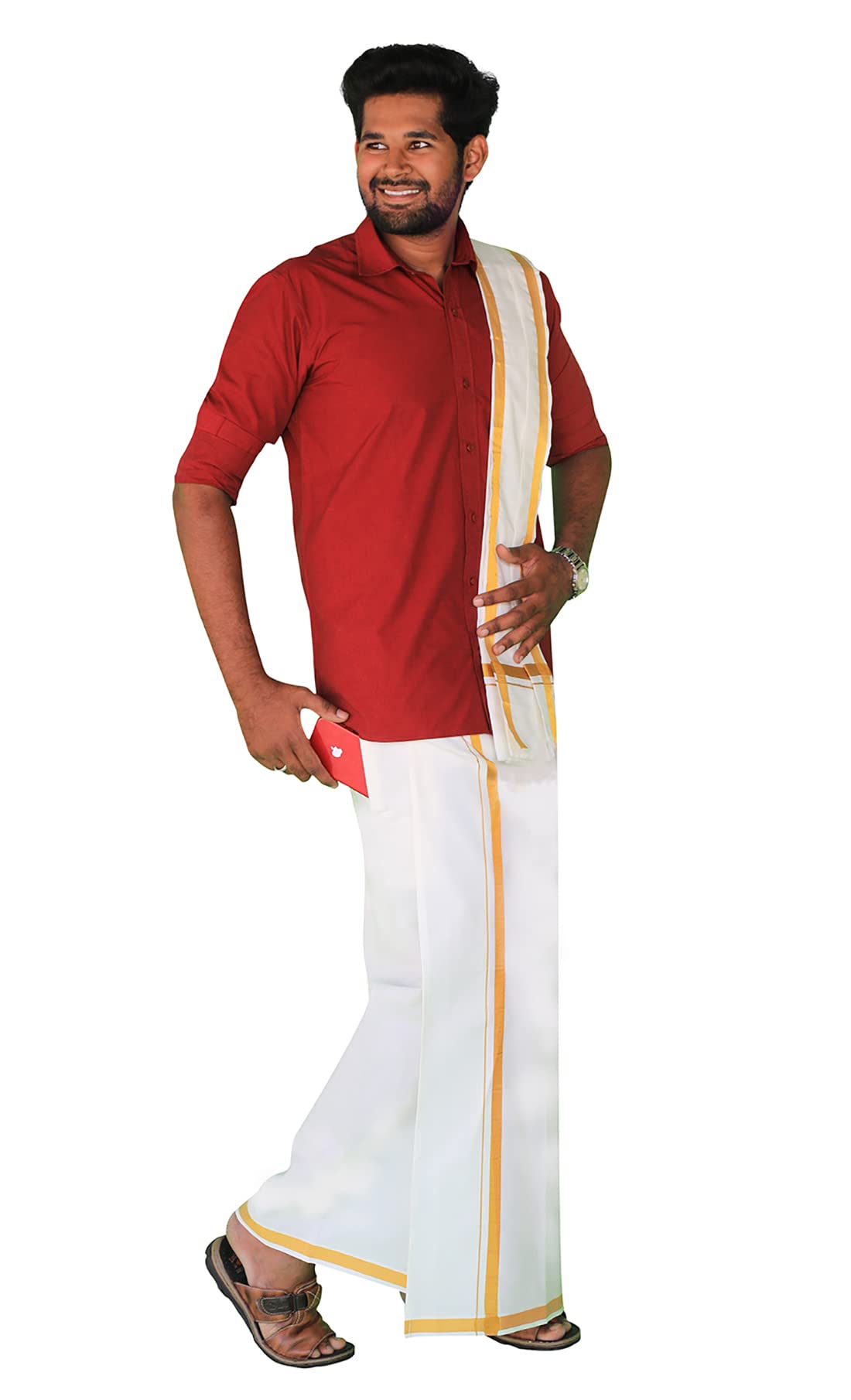 Prakasam Cotton Mens White Welcro Pocket Readymade Dhoti With Golden Jari Border + Matching Jari Cotton Single Towel Set Only (S
