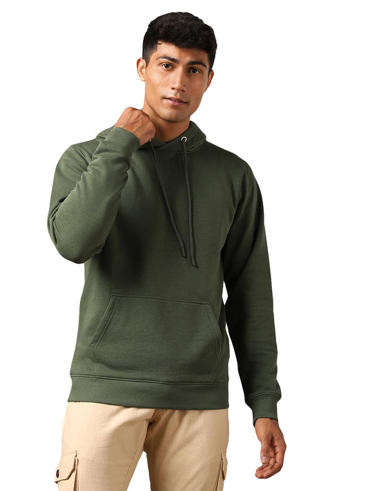 Nobero Elegant Unisex Olive Green Cotton Solid Plain Hoody Sports Winter Gym Workout Running Travel Trekking Hooded Sweatshirts
