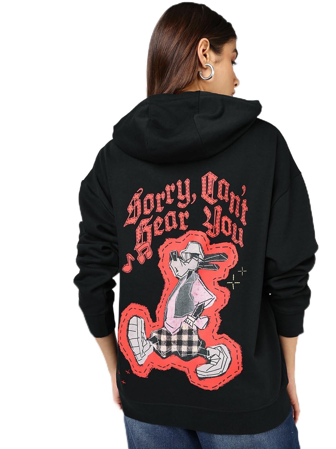 Bewakoof Official Disney Merchandise Goofy WomenS Graphic Print Oversized Fit Full Sleeve Hooded Fleece Hoodies_694308_Black_2X