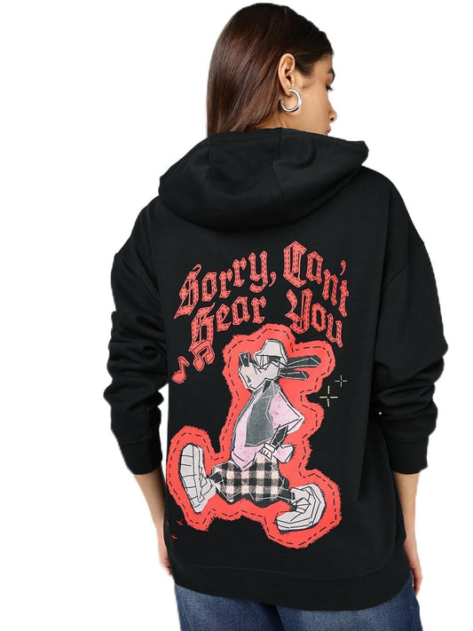 Bewakoof Official Disney Merchandise Goofy WomenS Graphic Print Oversized Fit Full Sleeve Hooded Fleece Hoodies_694308_Black_2X