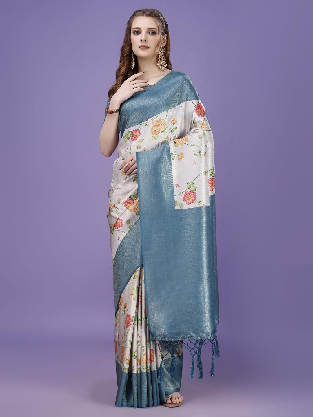 Pujia Mills Smooth Silk Saree For Women Indian Ethnic Wear Pure Silk Blend Zari Weaving Floral Digital Printed Smooth Silk Light