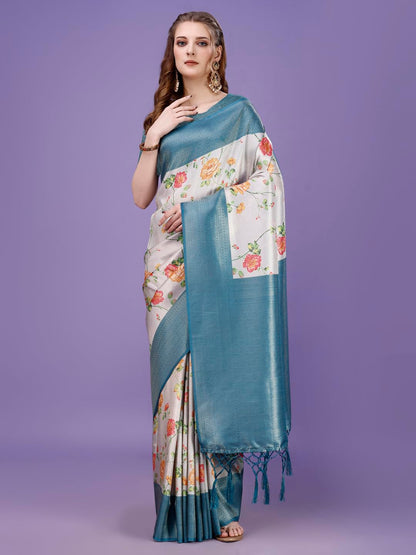 Pujia Mills Smooth Silk Saree For Women Indian Ethnic Wear Pure Silk Blend Zari Weaving Floral Digital Printed Smooth Silk Light