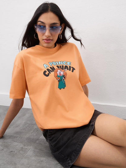The Souled Store Disney: Women and Girls Short Sleeves Round Neck Orange Typography Graphic Printed Cotton Lightweight Everyday