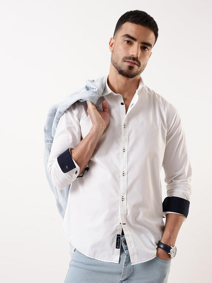 Dennis Lingo Men White Solid Spread Collar Full Sleeves Regular Fit Cotton Casual Shirt