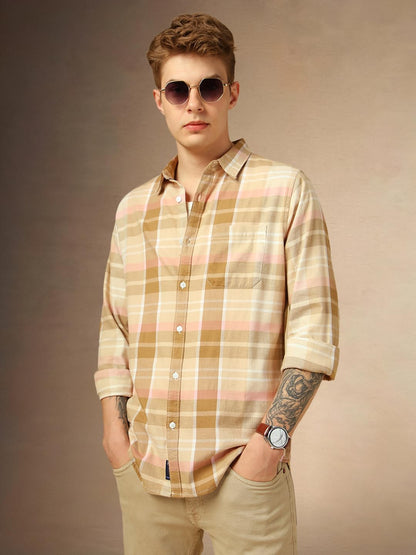 Dennis Lingo Men Regular Fit Cotton Full Sleeves Checks Casual Shirts Brown