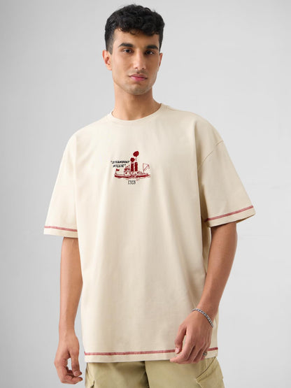 The Souled Store Mickey Mouse: Steamboat Men and Boys Short Sleeves Round Neck Beige Graphic Printed Cotton Oversized T-Shirts