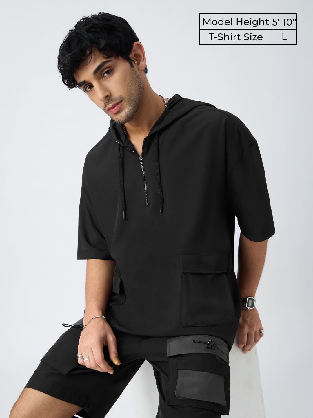 The Souled Store Hooded T-Shirt: Black Men and Boys Short Sleeves Hooded Neck Pull On Black Solid Polyester Blend Oversized Hood