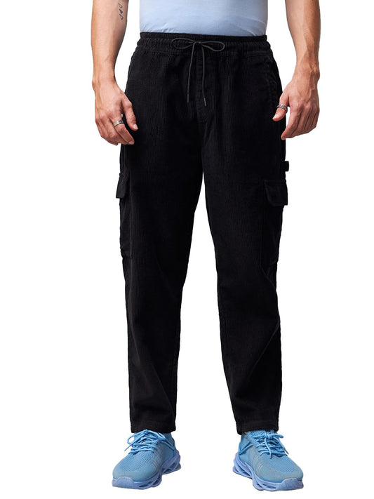 Bewakoof Mens Solid Tapered Fit Corduroy Japanese Cargo Carpenter Pant_628738_Black_28