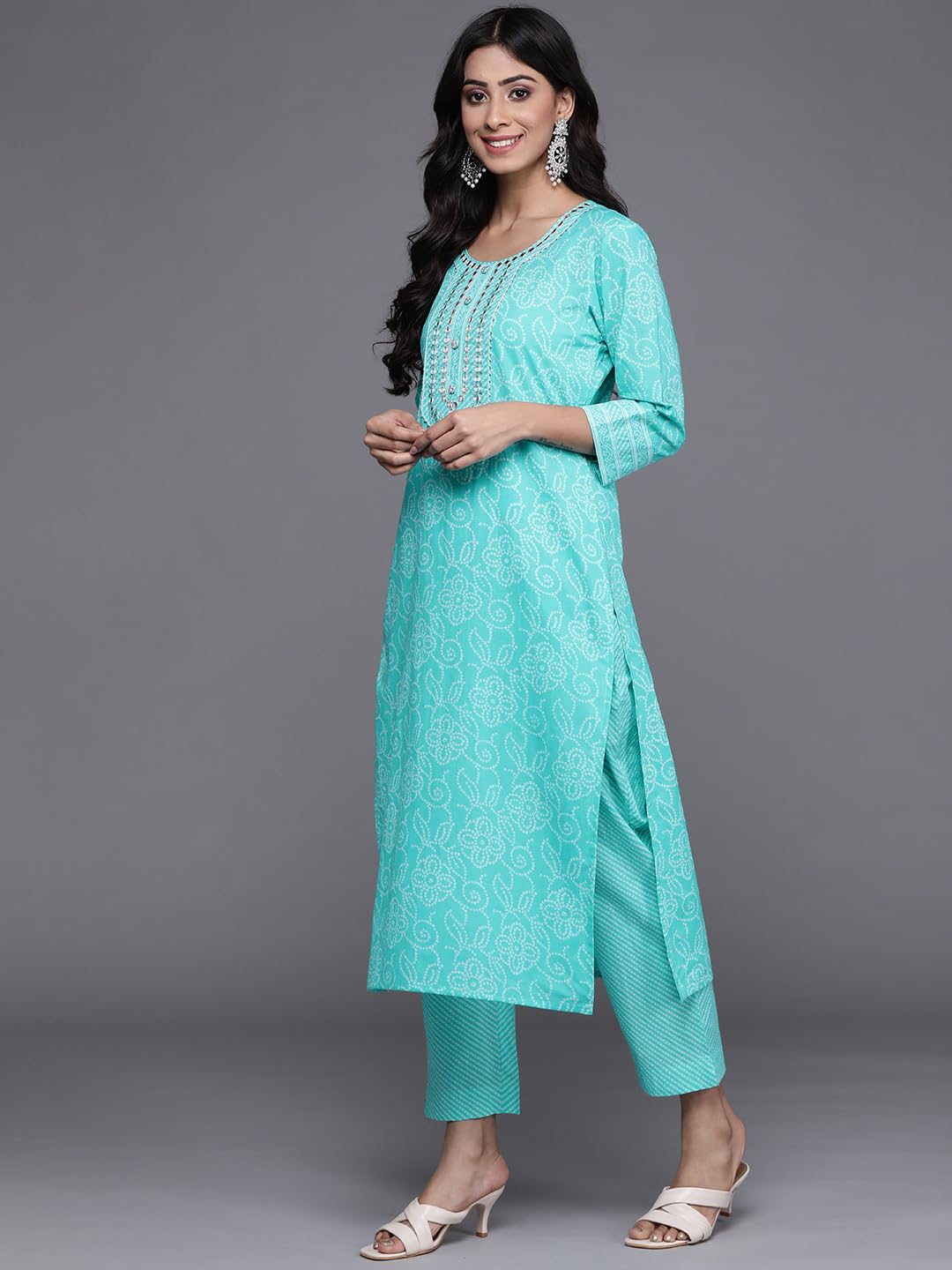 Varanga cotton bandhani printed embroidered kurta with straight pant and dupatta