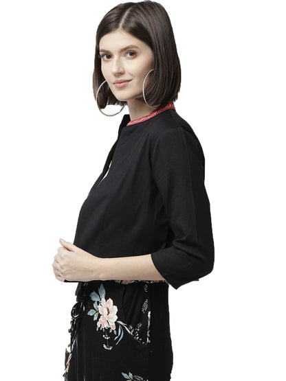 Style Quotient Women Solid Black Cotton Smart Casual Crop Shrug