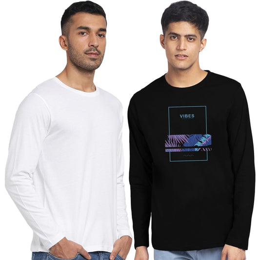 Bewakoof Mens Symblos and Vibes Printed 100% Cotton T-Shirts (Pack of 2) - Regular Fit, Round Neck, Full Sleeves_601665_White &
