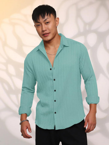 Finivo Fashion MenS Casual Cotton Striped Button Down Shirts Long Sleeve Textured Summer Beach Shirt For Men Turquoise