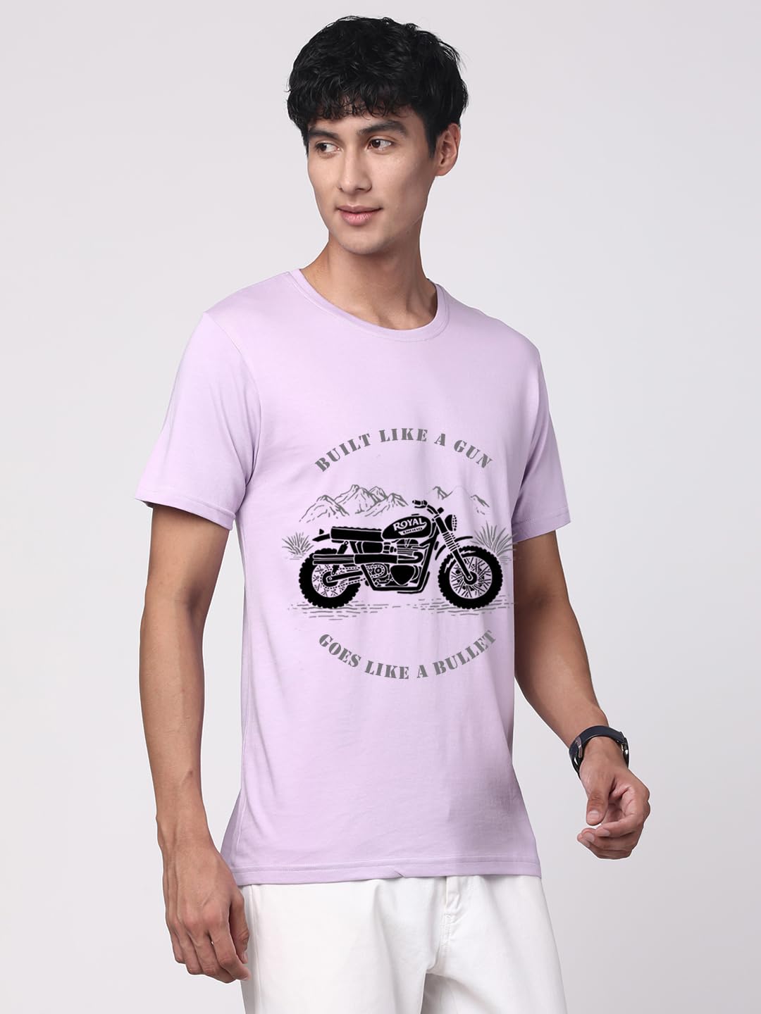 ADRO Men's Royal Bike Design Printed 100% Cotton T-Shirt - Regular Fit, Printed T-Shirts for Men (RN24-RYL-PU_Purple)