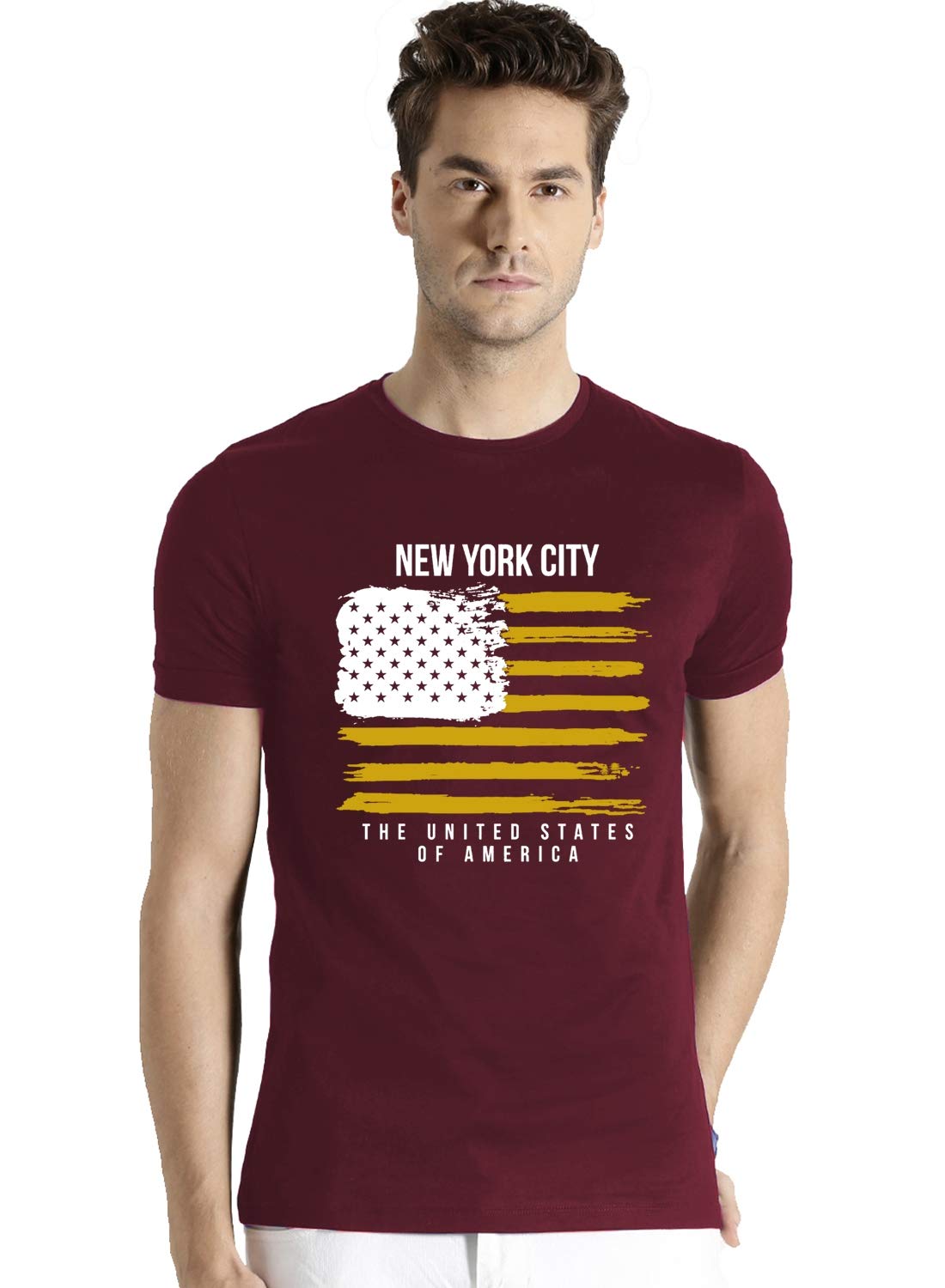 ADRO Men's USA American Flag Printed Cotton T-Shirts (RNR-M-NWW-BG_Maroon)