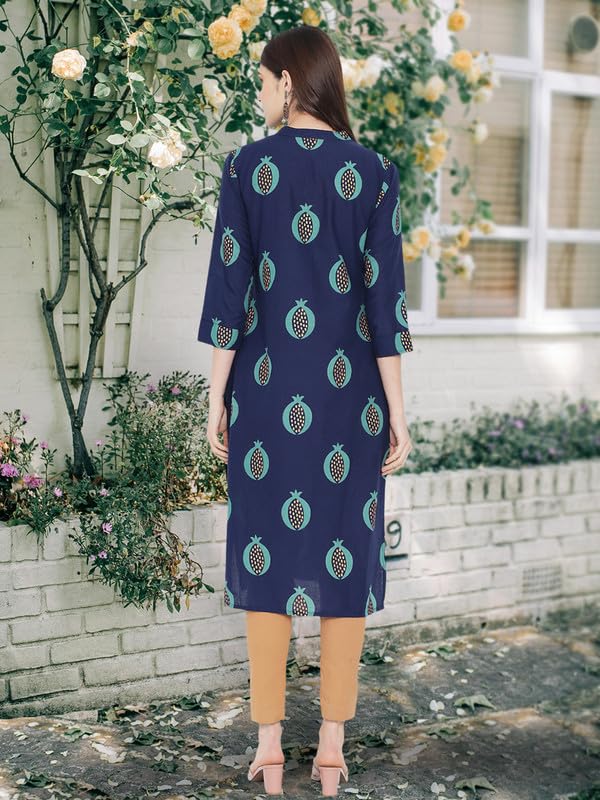 Pinkmint Women Cotton Kurti Ll Stright Printed Collared V Neck Kurta Ll Stylish Regular Fit KurtiS (Pack Of 01) Navy Blue