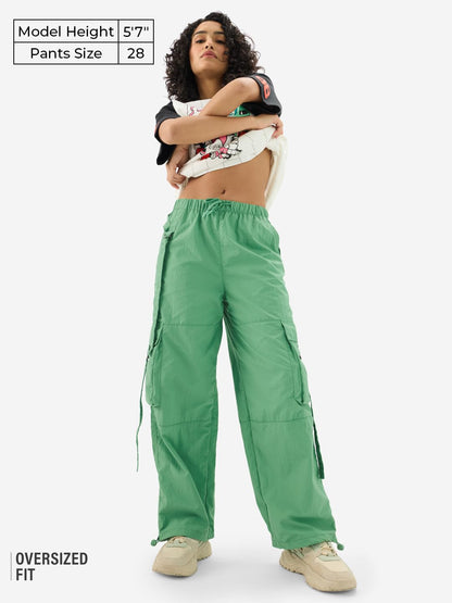 The Souled Store Kelly Green Women & Girls Drawstring Toggle Leg Closure Solid Nylon Parachute Pants