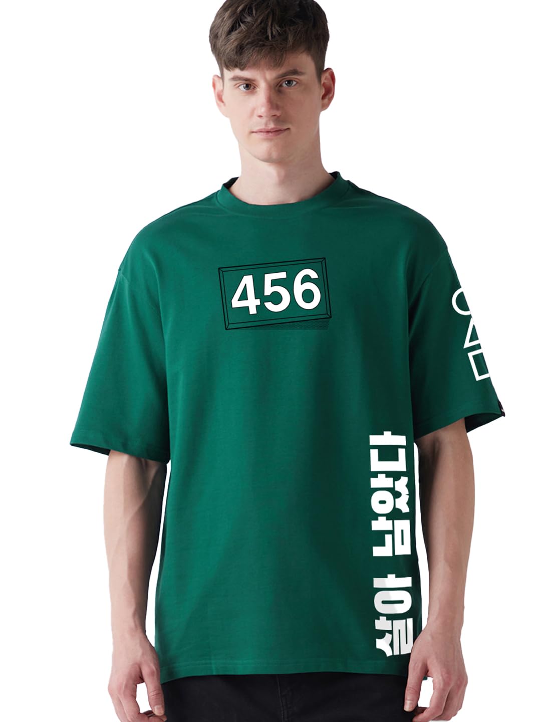 Bewakoof Heavy Duty 1.0 Official Squid Game Merchandise Squid Game Men Graphic Print Oversized Fit Half Sleeve Round Neck Terry