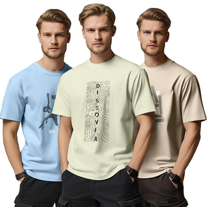 Nobero MenS Graphic Printed Regular Fit T-Shirt (1M-Twts-C0948-216X_Powder Blue/Aloe Green/Sand