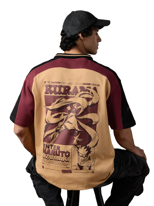 The Souled Store Naruto: Kuramas Fury Men and Boys Short Sleeves Collared Neck Beige Graphic Printed Cotton Oversized Polos