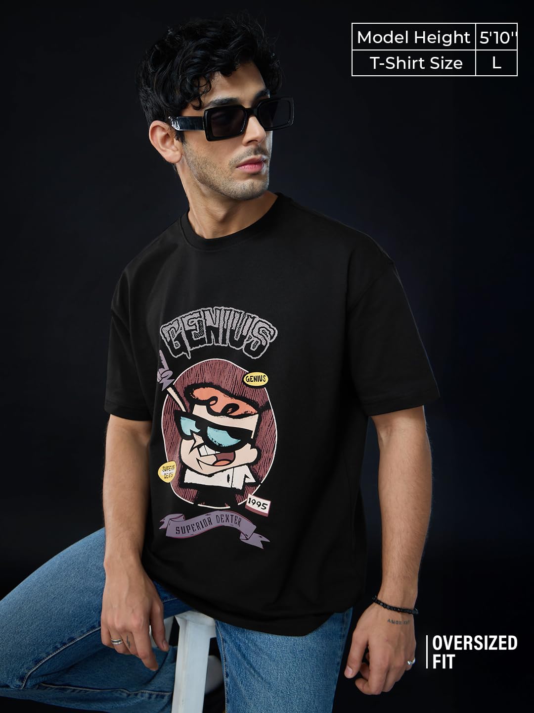 The Souled Store Cartoon Network: Genius Men and Boys Short Sleeves Round Neck Black Graphic Printed Cotton Oversized T-Shirts