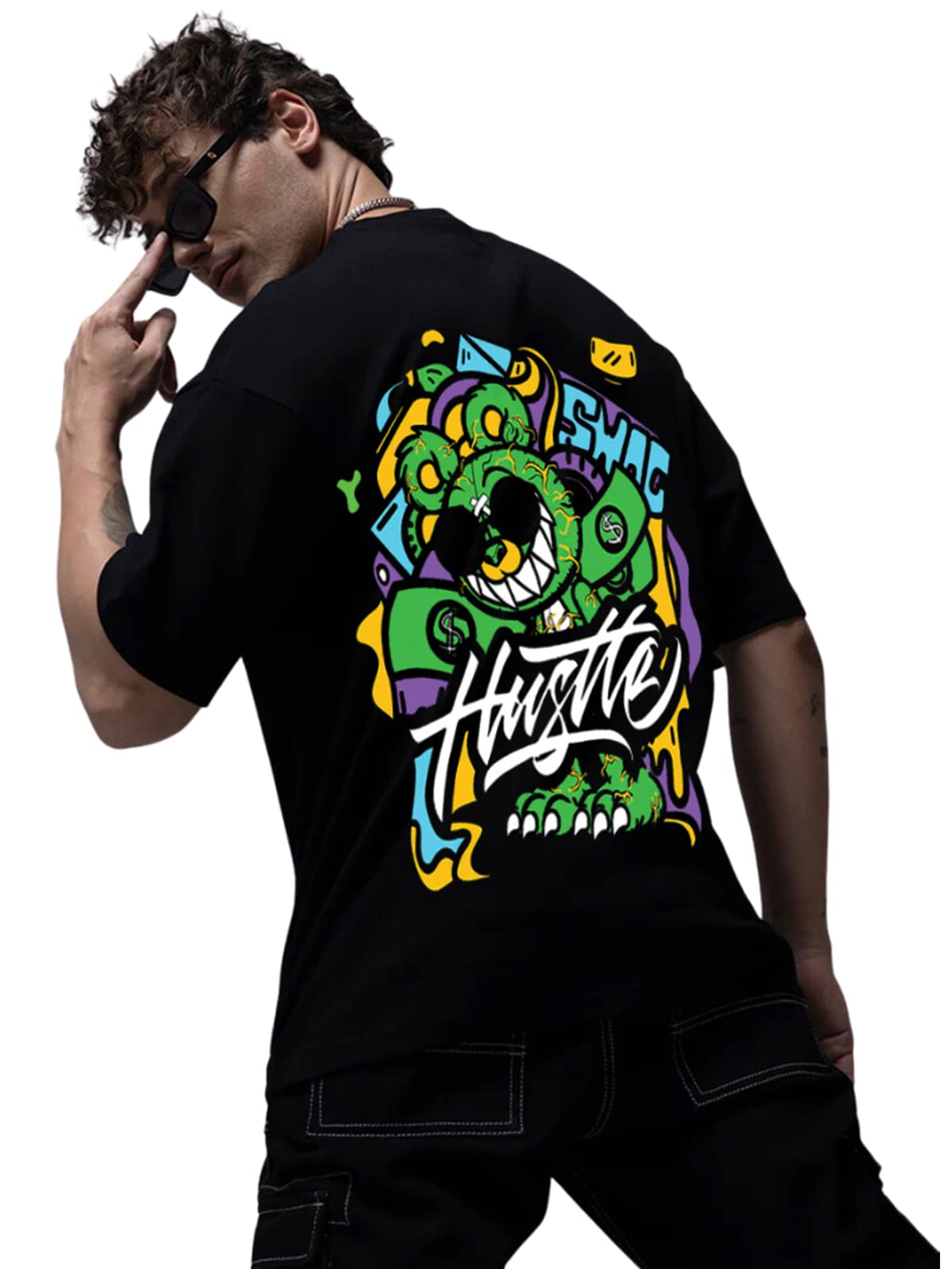 Veirdo Mens Cotton Oversize Loose Fit Drop Shoulder Round Neck Short Sleeve Graphic Hustle Printed T-Shirt