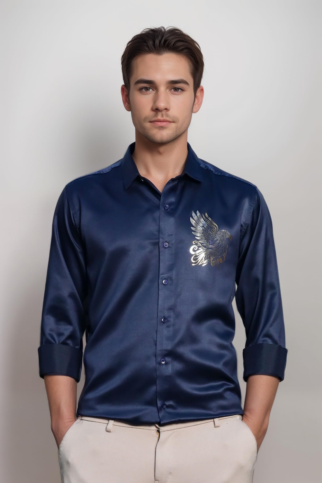 Indoprimo MenS Stylish Long Sleeve Satin Sequence Print Shirt Navy