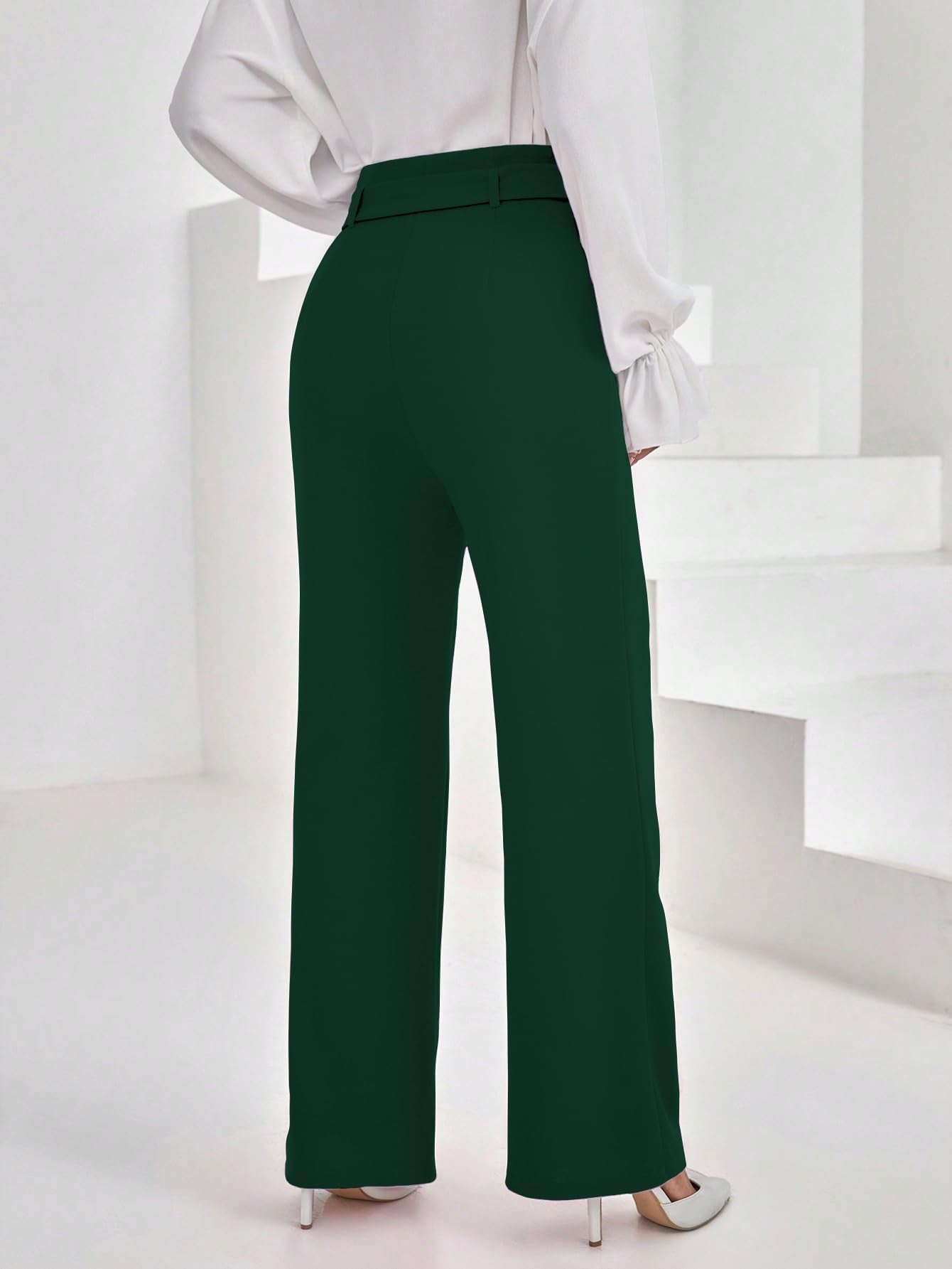 Shasmi Womens Dark Green Solid Color High Waisted Belted Toothpick Stripe Design Straight Loose Casual Women Pants, Minimalist
