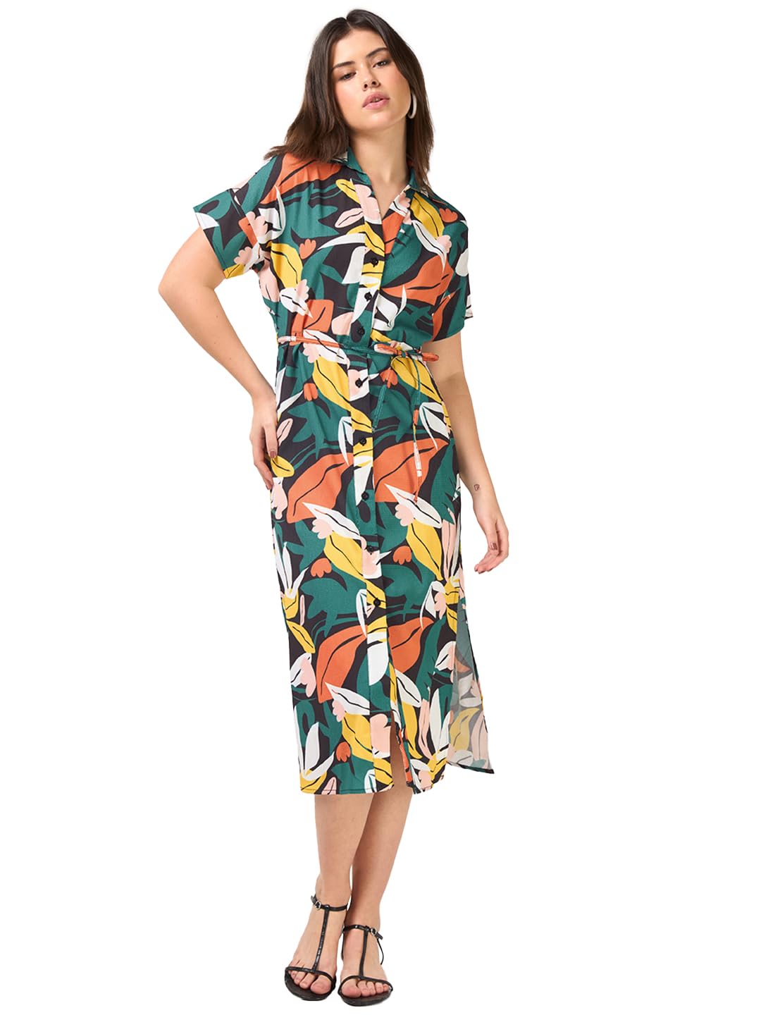 Bewakoof Womens All Over Printed Relaxed Fit Half Sleeve Collar Viscose Rayon Dress_684816_Multicolor_XS