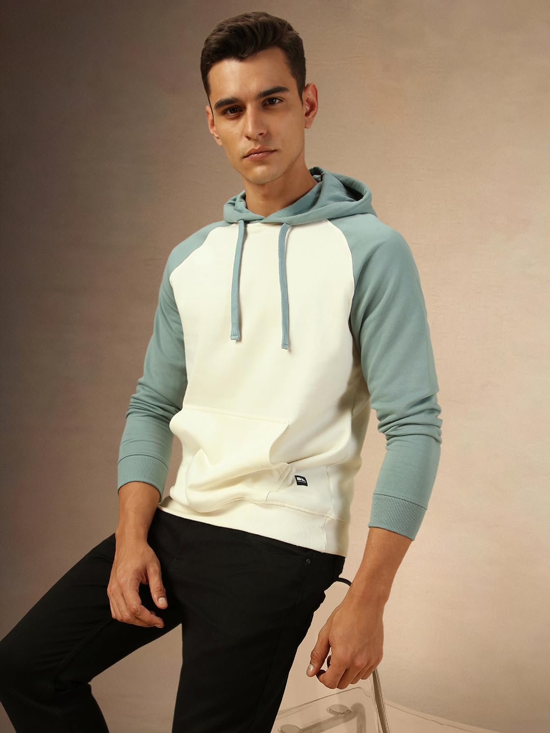 Dennis Lingo Men Regular Fit Cotton Colorblock Full Sleeves Hooded Pullover Sweatshirt Off White