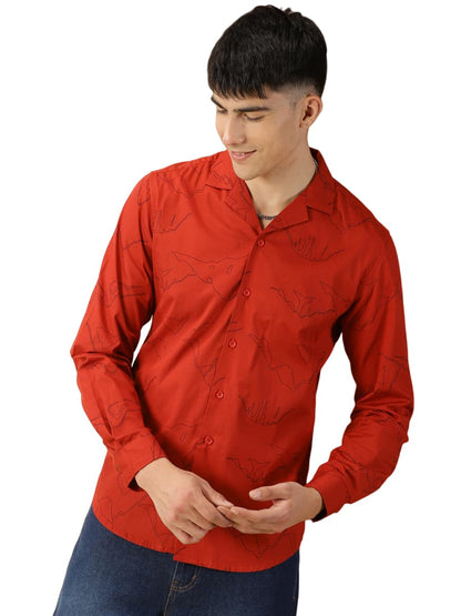 Thomas Scott Mens 100% Cotton Printed Regular Fit Casual Shirt - Orange