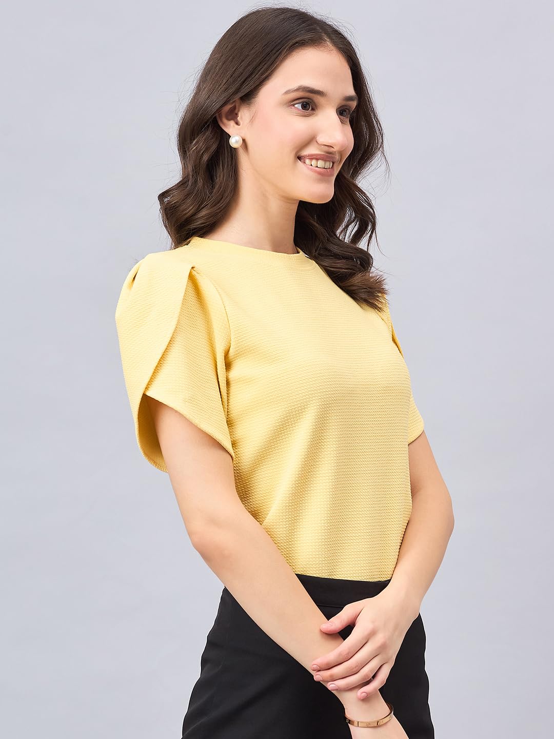 Style Quotient Women Solid Light Yellow Poly Knit Smart Casual Regular Tulip Sleeve Top