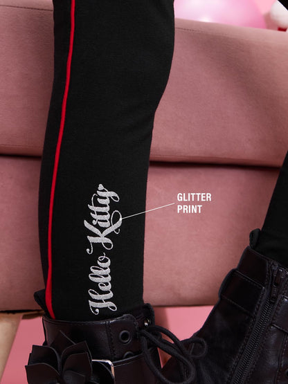 The Souled Store Official Hello Kitty: Glitter Girls Pull On Black Cotton Leggings