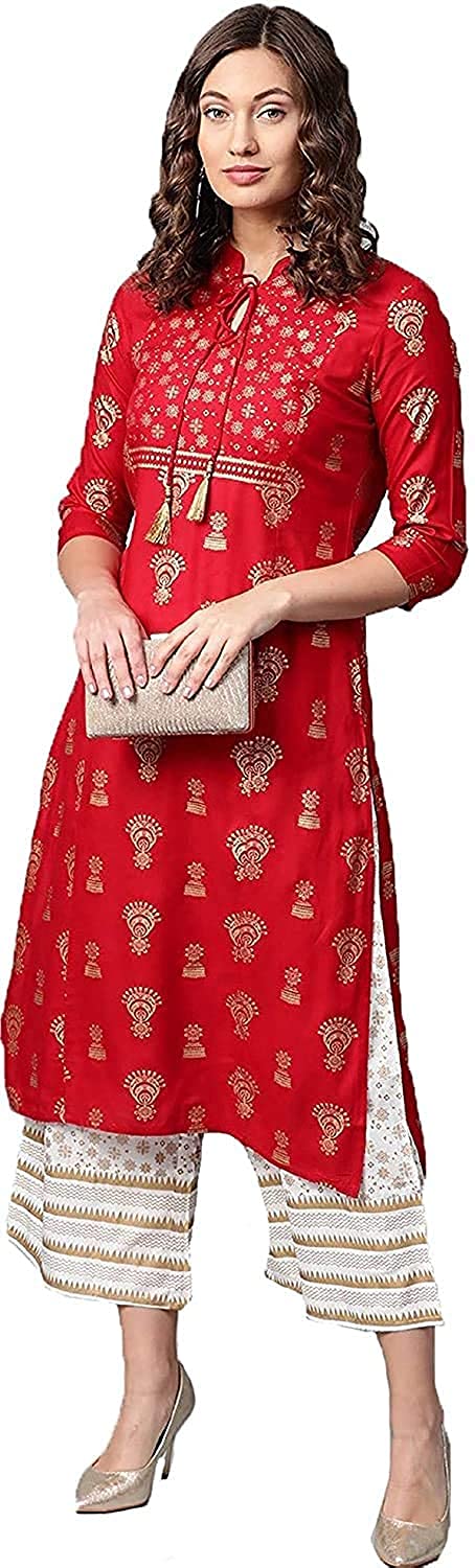 ANNI DESIGNER Women's Golden Print Straight Kurta with Palazzo (Black,L)