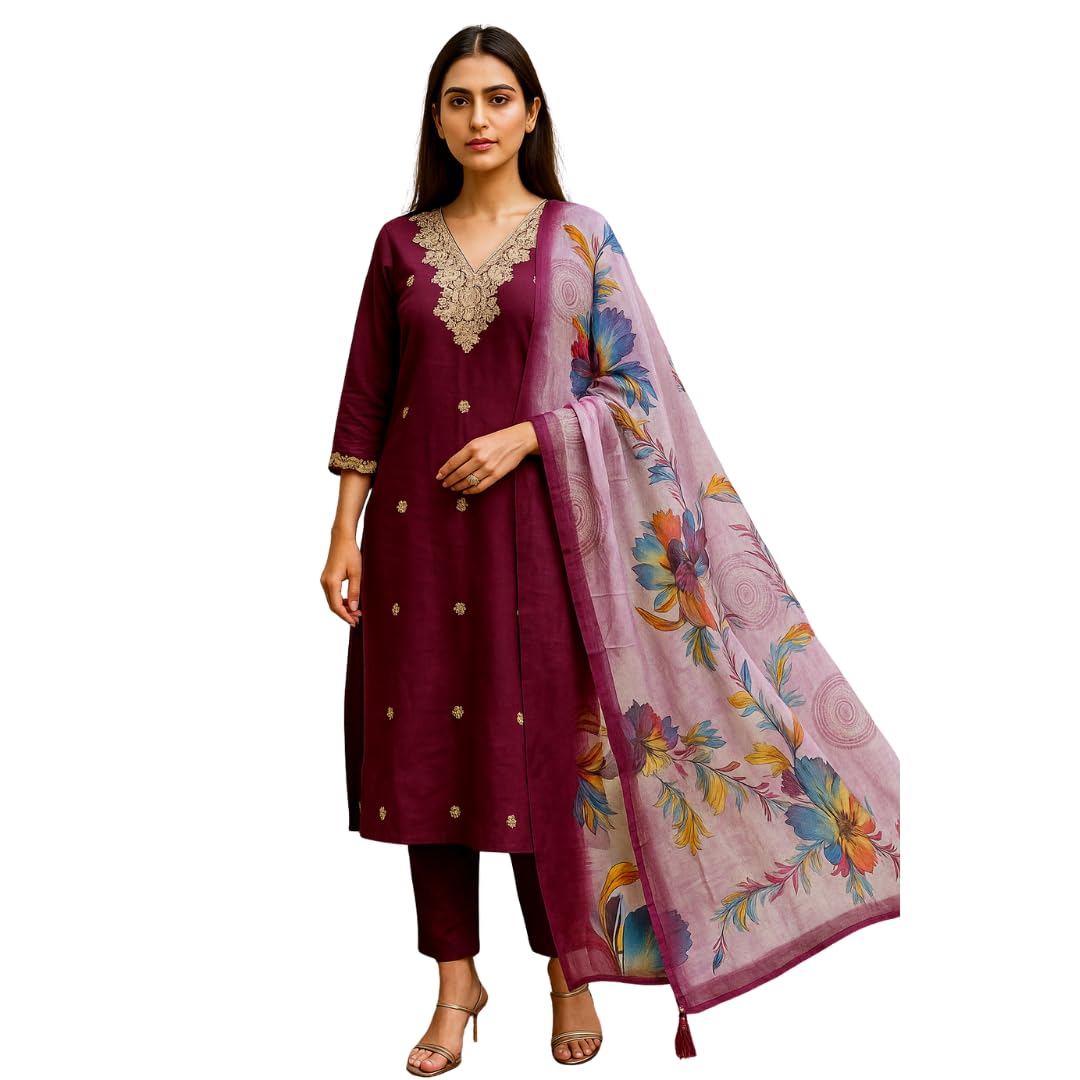 Rieka Women Embroidered Kurta Set With Floral Printed Dupatta & Straight Pant | Ethnic Wear Set For Women | Silk Blend Kurta Set