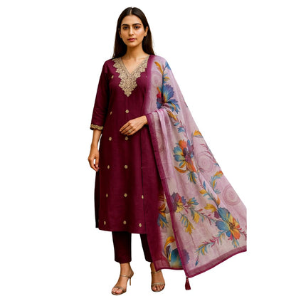 Rieka Women Embroidered Kurta Set With Floral Printed Dupatta & Straight Pant | Ethnic Wear Set For Women | Silk Blend Kurta Set