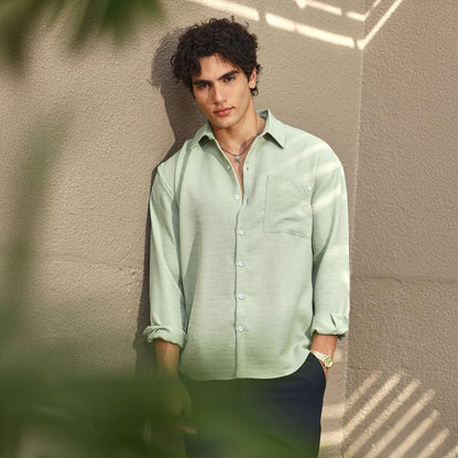 Campus Sutra Mens Sage Green Modular Solid Oversized Shirt for Casual Wear | Spread Collar | Long Cuffed Sleeves | Button Closu