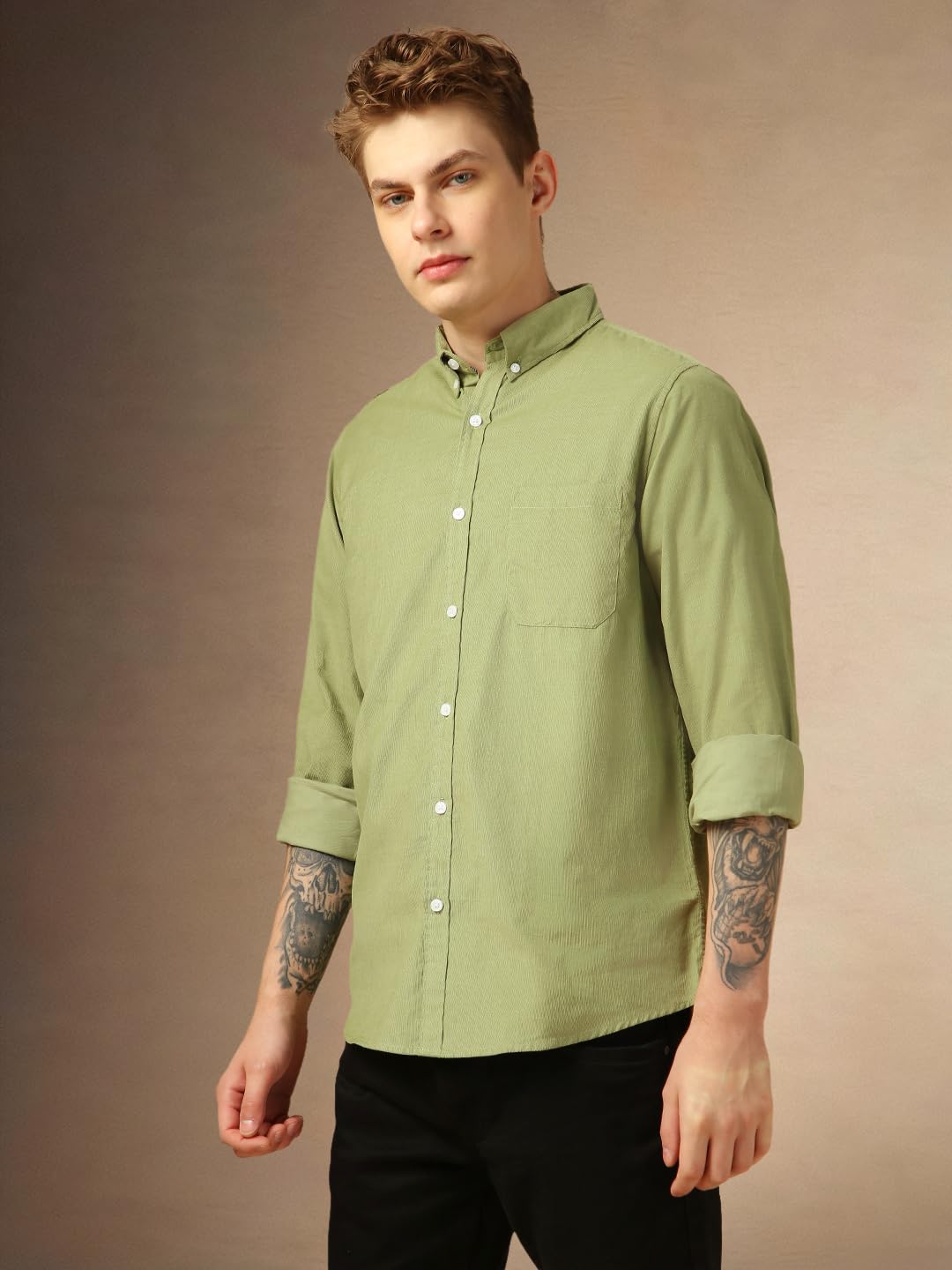 Dennis Lingo Men Relaxed Fit Cotton Full Sleeves Solid Casual Shirts Green