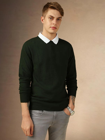 Dennis Lingo Men Green Solid Slim Fit Full Sleeve Crew Pullover Sweater