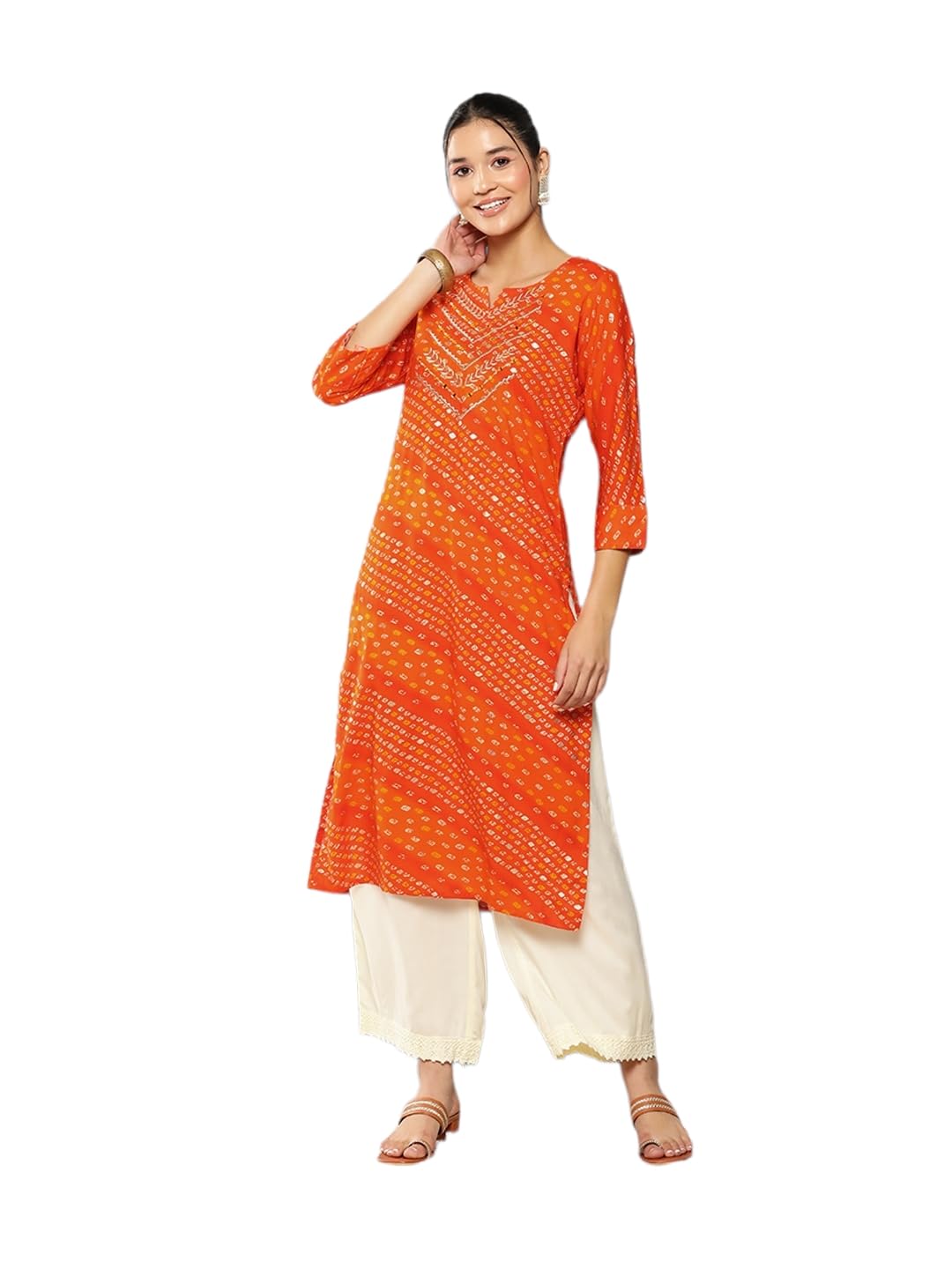 Aarika Womens Orange Colour Bandhani Print Embroidery Rayon Regular Fit Kurti (M-Xxl)