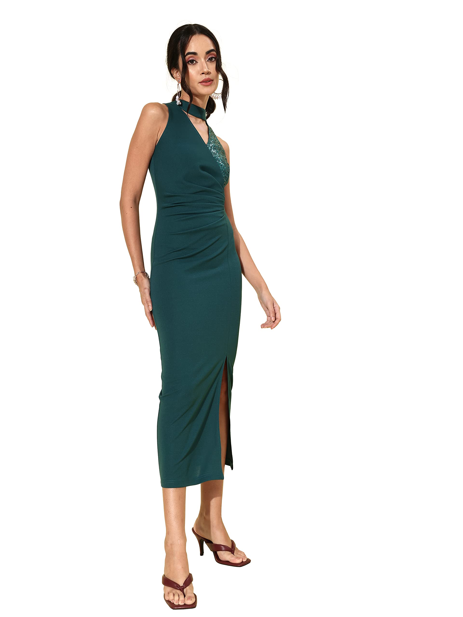 Miss Chase Womens Forest Green Choker Neck Sleeveless Embellished Midi Dress (MCSS22D13-67-236-06, Forest Green, XL)